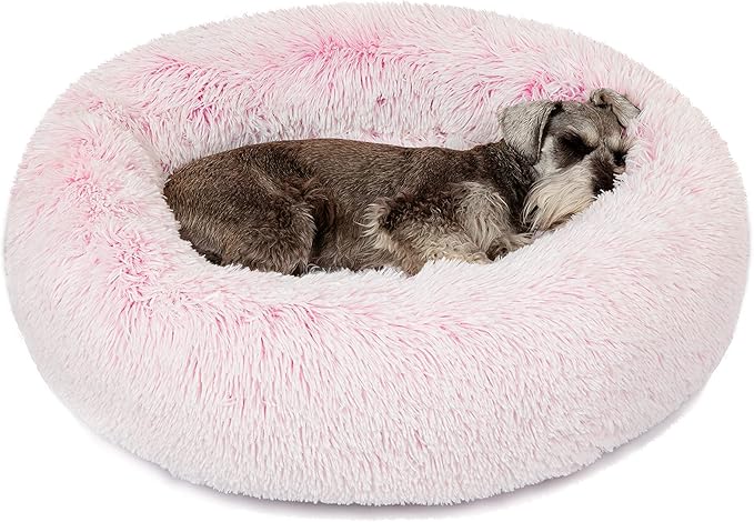 Friends Forever Donut Dog Bed Faux Fur Fluffy Calming Sofa For Medium Dogs, Soft & Plush Anti Anxiety Pet Couch For Dogs, Machine Washable Coco Pet Bed with Non-Slip Bottom, 30"x30"x7" Pink