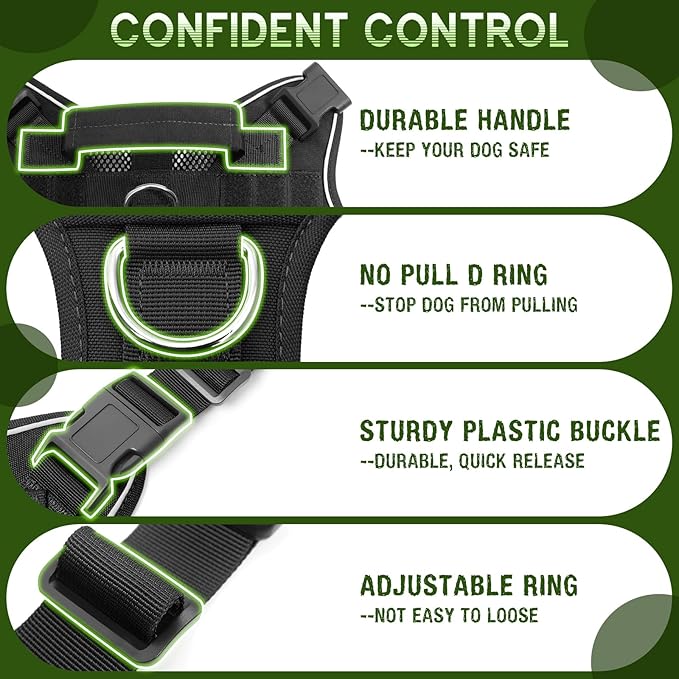 WINSEE Mesh Dog Harness with 10 Pet Patches for Large Service Dog in Training, Breathable Tactical Molle Vest with Double Handles, Reflective Military Pet Vest for Walking Hiking