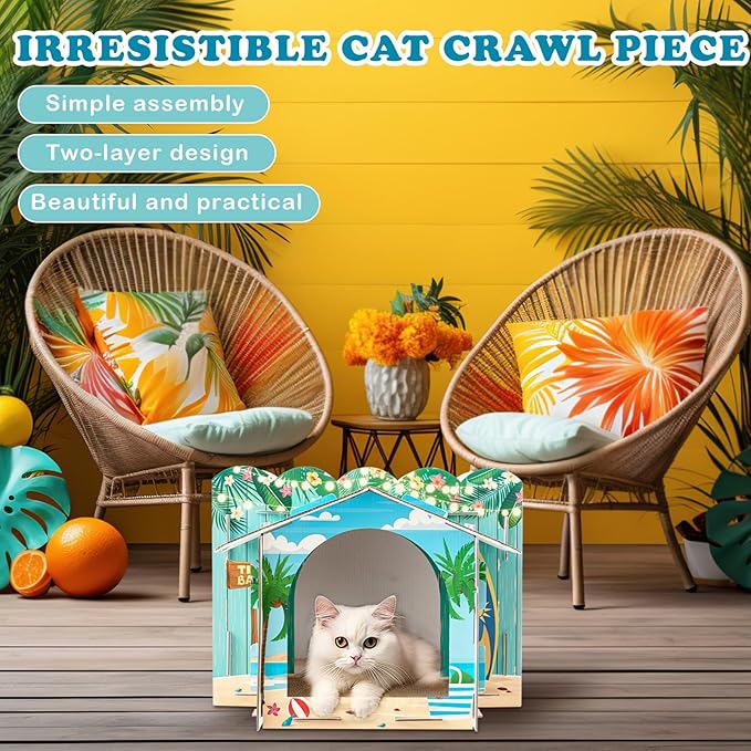 2 Story Cardboard Cat House with Scratcher Pad for Small Kitten,17x12x10 Multi Level Durable Cat Condo & Villa for Bunny Rabbit Small Animals Christmas Birthday Gift(Hawaii)