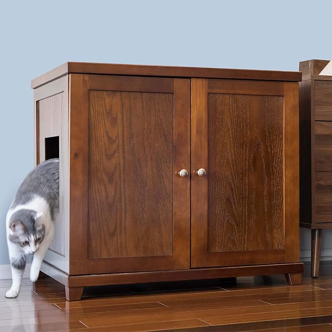 THE REFINED FELINE Cat Litter Box Enclosure Cabinet, Modern, Mahogany Brown, Tapered Feet, XLarge, Hidden Litter Cat Furniture with Drawer