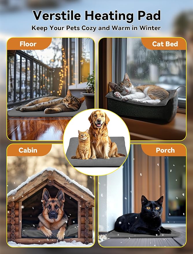 Outdoor Pet Heating Pad for Dog & Cat, Multi-Size Waterproof Heated Cat Dog Bed for Outside, Pet Heater Warmer Mat Blanket with Chew Resistant Cord for Senior Dog Cat House Whelping Box,Gray,16" x 28"