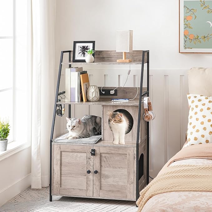 HOOBRO Litter Box Enclosure with 2 Storage Shelves, Tall Litter Box Furniture Hidden with Charging Station, Indoor Hidden Litter Box Furniture with Plush Mat, Greige BG70UMW01