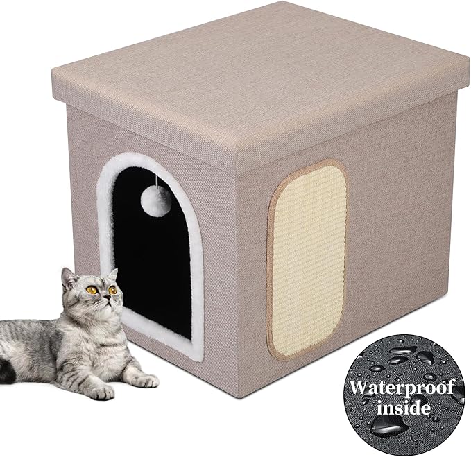 Cat Litter Box Enclosure, Foldable Hidden Litter Box with Mesh Storage Bag, Litter Box Furniture Hidden with Waterproof Inside, Easy Clean, Odor Control, Easy Assembly, 21.6”L x 17.7”D x 17.7”H, Beige
