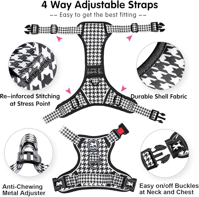 PoyPet No Pull Dog Harness, [Release on Neck] Reflective Adjustable No Choke Pet Vest with Front & Back 2 Leash Attachments, Soft Control Training Handle for Small Medium Large Dogs(Houndstooth,S)