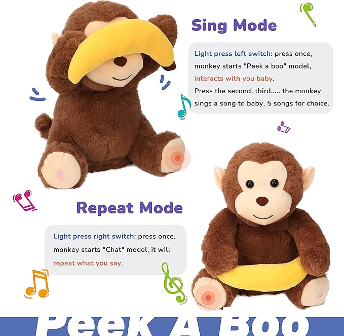 Hopearl Peek A Boo Monkey with Banana Interactive Repeats What You Say Plush Toy Musical Singing Talking Stuffed Animal Adorable Electric Animate Birthday Festival, Brown, 11''