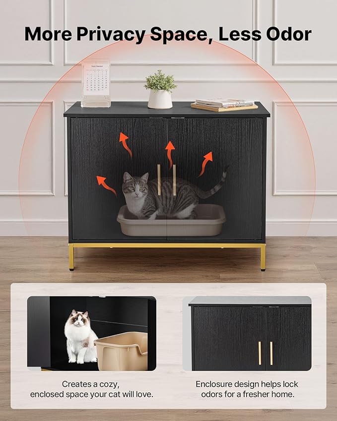 VEVOR Cat Litter Box Enclosure Furniture, 27.6 in Hidden Litter Box Cabinet with Metal Legs & Handle, Modern Style Cat Washroom House End Table, Fit Most of Litterbox, for Bedroom Living Room