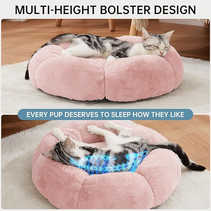 OhGeni 20 inches Calming Donut Dog & Cat Bed for Small Pets, Warming Comfort Fluffy Short Pile Fur, Durable Machine Washable Round Bed, Cute Round Bed for Puppy and Kitten, Pink