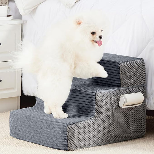 HYLEORY Dog Stairs for Bed 13.5''H, 3-Step Pet Stairs for Small Dogs Cats, Sturdy Pet Steps with Non-Slip Bottom, Functional Portable Dog Ramp for Couch/Chair/Sofa/Car, Storage Pocket, Grey-Light Grey
