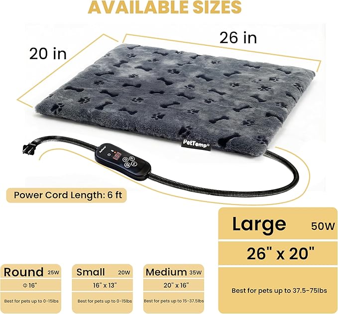 Pet Heating Pad for Cats Dogs, Heated Cat Dog Bed with 5 Temperature Levels, Timer, Auto Shut-Off, Thick Paw-Print Cover, Chew Resistant Cord for Indoor & Sheltered Outdoor Use (L: 26" x 20" x 1.3")
