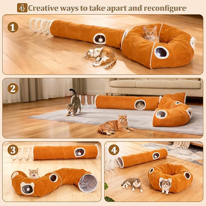 Ownpets 2-in-1 Cat Tunnel, Large Lollipop Shape Cat Tunnel Toy with Fluffy Balls, Spiral Toy, Plush Collapsible Cat Cave Hideout Donut Tunnel for Multi Kitten Puppy Rabbit (Orange)