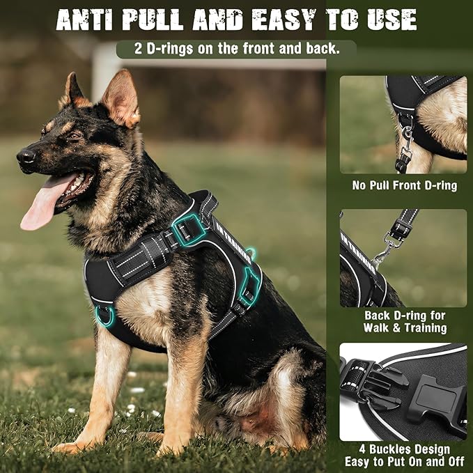 Tactical Dog Harness and Leash Set for Large Dogs,Heavy Duty No Pull Service Dog Vest and 10 Patches with Dog Seat Belt,Reflective Adjustable Pet Harness for Training Walking Hiking Black XL
