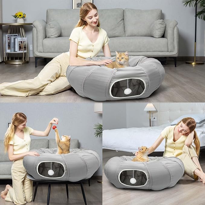 AUOON Cat Play Tunnel - Christmas Tree Cat Tunnel, Round Cat Tunnel with Bed | Interactive Cat Toys for Indoor Cats Kitten Kitty Puppy Rabbit Ferret (Light Grey)