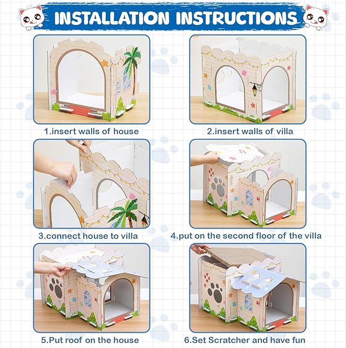 2 Story Cardboard Cat House with Scratcher Pad for Small Kitten,17x12x10 Multi Level Durable Cat Condo & Villa for Bunny Rabbit Small Animals Christmas Birthday Gift(Beach)