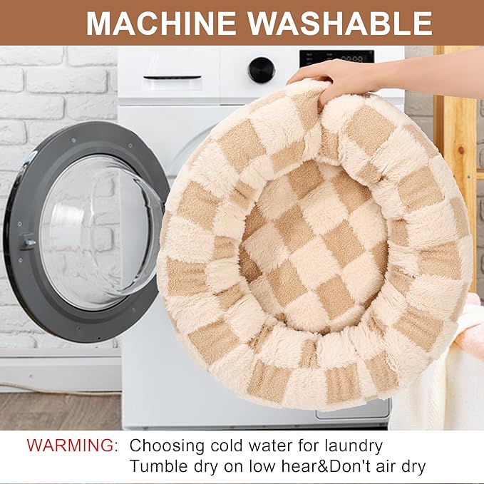 Dog Calming Beds for Small Medium Large Dogs - Round Donut Washable Puppy Dog Bed, Anti-Slip Faux Fur Fluffy Donut Cuddle Anxiety Cat Pet Bed (32" Grid)