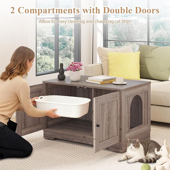 Tangkula Cat Litter Box Enclosure, Wooden Kitty Washroom Cabinet w/Winding Entry & Cat Hole, with Divider, Hidden Double Enclosed Litter Box Furniture for Living Room, Bedroom, Entryway (Grey)
