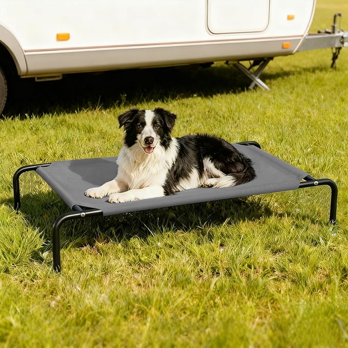 Elevated Dog Bed Waterproof Outdoor Pet Cot Cooling Dog Cot, Raised Bed for Large Dogs with Washable Breathable Mesh, No-Slip Feet, 50.8 x 31 x 8 inches, Grey
