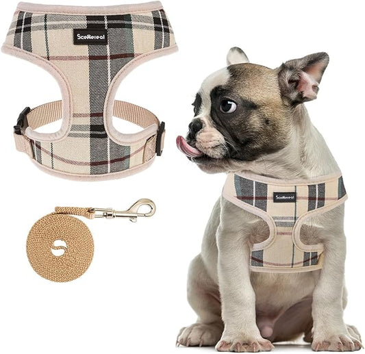 SCENEREAL Puppy Dog Harness with Leash Set for Small Medium Sized Dogs, Soft Mesh Step in Pet Harnesses and Leash, No Chock Plaid Adjustable No Pull Vest for Dogs Cats, Chihuahua,Bulldog (Beige M)