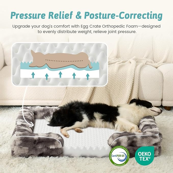 Orthopedic Dog Bed for Extra Large Dog, Soft and Warm Faux Fur Sofa for Giant Pet Up to 150 lbs, Foam Bolster Anti-Slip Couch with Washable Removable Cover, XXL 48x35x8 inch, Tie Dye Grey