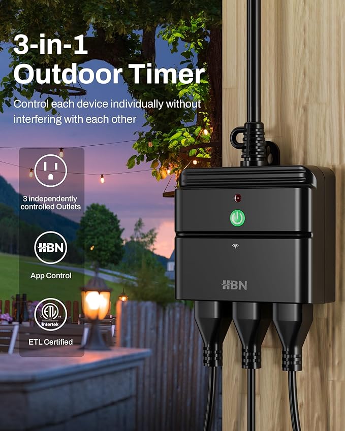 HBN Outdoor Smart Plug,Wi-Fi & Bluetooth Heavy Duty Outlet with 3 Independent Outlets,Compatible with Alexa and Google Assistant,IP44 Waterproof,Voice & APP Control Outlet,No Hub Required,ETL Listed