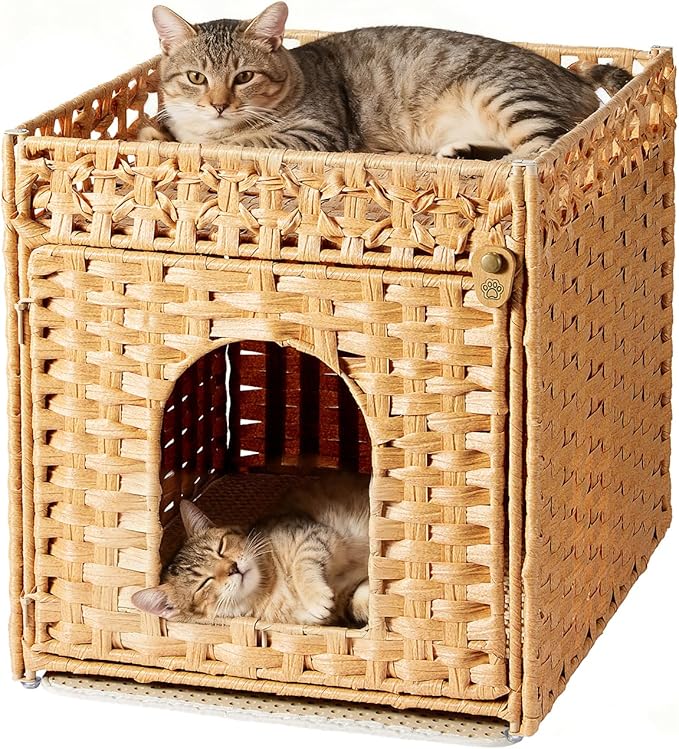 Cat Litter Box Enclosure Furniture - Handwoven Rattan Hidden Litter Box Cover with Mat and Fence, Enclosed Cat Box Furniture for Living Room & Bedroom, Natural Finish, 18.5" x 20.5" x 19.1"