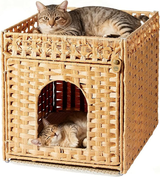 Cat Litter Box Enclosure Furniture - Handwoven Rattan Hidden Litter Box Cover with Mat and Fence, Enclosed Cat Box Furniture for Living Room & Bedroom, Natural Finish, 18.5" x 20.5" x 19.1"