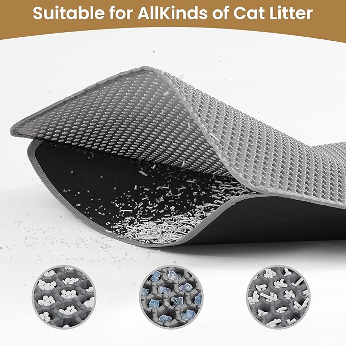 Cat Litter Mat 30x24 Inches, Honeycomb Double Layer Traps Litter & Waterproof Leatherette Bottom Prevents Urine Leaks, Durable & Easy Clean Pet Floor Protector for Cat Litter Box Area（Grey）
