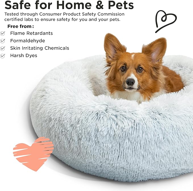 Best Friends by Sheri The Original Calming Donut Dog Bed – Washable Plush Pet Bed for Medium Breeds up to 45 lbs, Shag Faux Fur, Frost Gray, Medium (30" x 30")