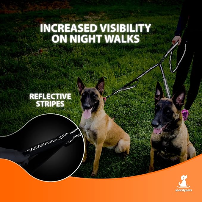 SparklyPets Hands Free Dog Leash for Medium and Large Breeds – Professional Harness with Reflective Stitches for Training, Walking, Jogging and Running Your Pet (Gray, for 2 Dogs Only Coupler)
