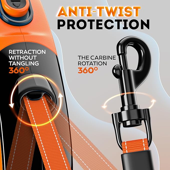 2025 NEW Retractable Dog Leash 16.4 ft – Heavy Duty for Dogs up to 110 lbs, Stainless Steel Spring, 360° Tangle-Free, One-Touch Lock Control, Soft Anti-Slip Handle – Strong, Durable Pet Leash (Orange)