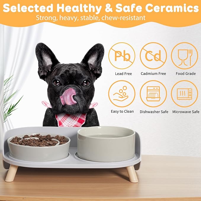 Elevated Slow Feeder Dog Bowls - Ceramic Food and Water Bowl Set with Stand - Raised Pet Dishes for Small and Medium Sized Dogs