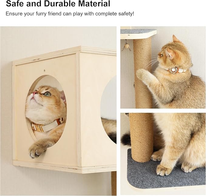 FUKUMARU Cat Wall Shelves, 5-Piece Stable Wooden Wall-Mounted Furniture Set, Kitty Climber with Hammock, House, Steps, Scratching Post (Gray)