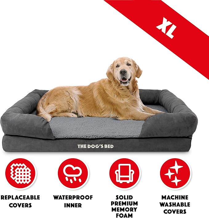 The Dog’s Bed, XL Grey Plush, Solid Memory Foam, Pain Relief: Arthritis, Hip & Elbow Dysplasia, Post Surgery, Lameness, Supportive, Calming, Waterproof Washable Cover, Veterinary Approved