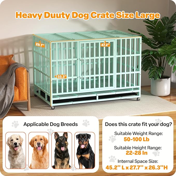 Heavy Duty Dog Crate 48 Inch, Indestructible Dog Crate with Removable Tray, Escape Proof & High Anxiety Dog Kennel Indoor, Metal Dog Cage with Wheels for Large Dogs, XL XXL XXXL