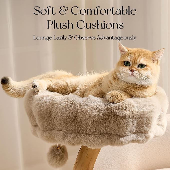 Solid Wood Cat Tree, Modern Cat Tree Tower for Large Indoor Cats, Natural Real Pear Wooden Aesthetic Cat Condo with Scratching Post for Adult Kittens-Khaki