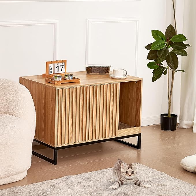 VEVOR Cat Litter Box Enclosure, Hidden Litter Box Furniture, Wooden Cat Washroom Indoor with 2 Doors & Sturdy Metal Legs, Cat House Cabinet Hidden Fit Most Litter Box, 31.5"L x 20"W x 22"H, Brown