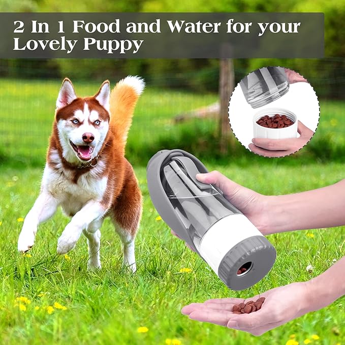 Dog Water Bottle Dispenser for Walking, Pet Water Feeder Container Portable with Drinking Cup Bowl Outdoor Hiking, Travel Large Grey