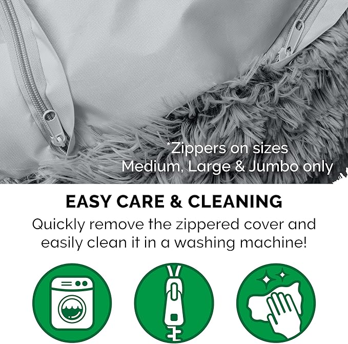 Furhaven 36" Round Calming Donut Dog Bed for Large/Medium Dogs, Refillable w/ Removable Washable Cover, For Dogs Up to 75 lbs - Shaggy Plush Long Faux Fur Donut Bed - Gray, Large