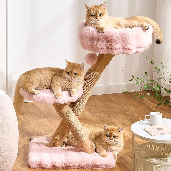 Cat Tree Modern Sturdy Solid Wood Cat Tower for Large Cat with Scratching Post for Indoor, Multifunctional Cat Tower with Cozy Bed and Platforms