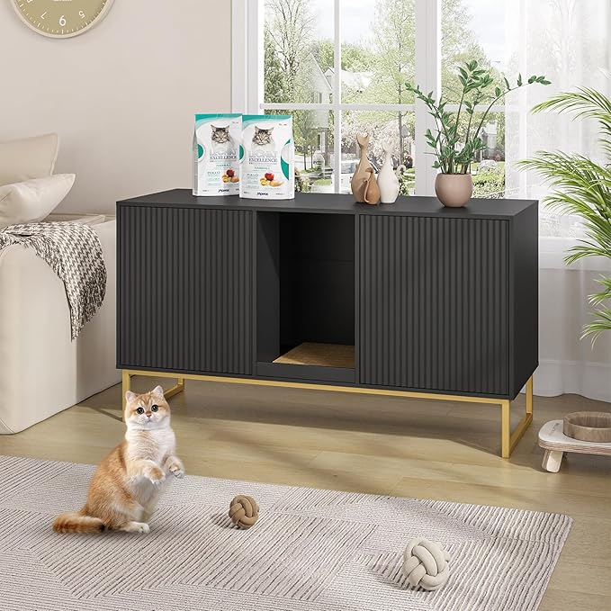 Kitty Litter Box Enclosure for 2 Cats, Small Hidden Cat Litter Box Furniture with Scratch Pad, Modern Fluted Double Litterbox Cabinet TV Stand for Kittens, Black