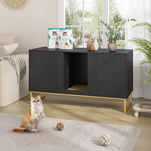 Kitty Litter Box Enclosure for 2 Cats, Small Hidden Cat Litter Box Furniture with Scratch Pad, Modern Fluted Double Litterbox Cabinet TV Stand for Kittens, Black