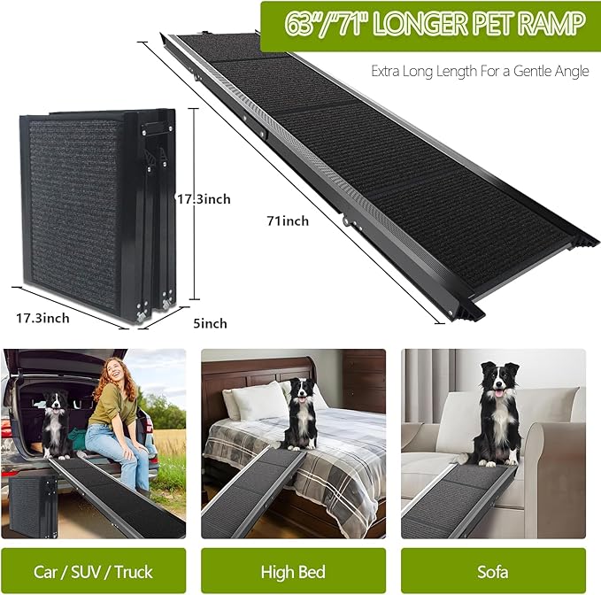 Dog Ramp for Cars SUV Truck-17.3x71in Heavy Duty Foldable Wide Outdoor Pet Stairs with Non-Slip Surface Portable Folding Design for Large Dogs Up to 250lbs (71" L x 17.3" W)