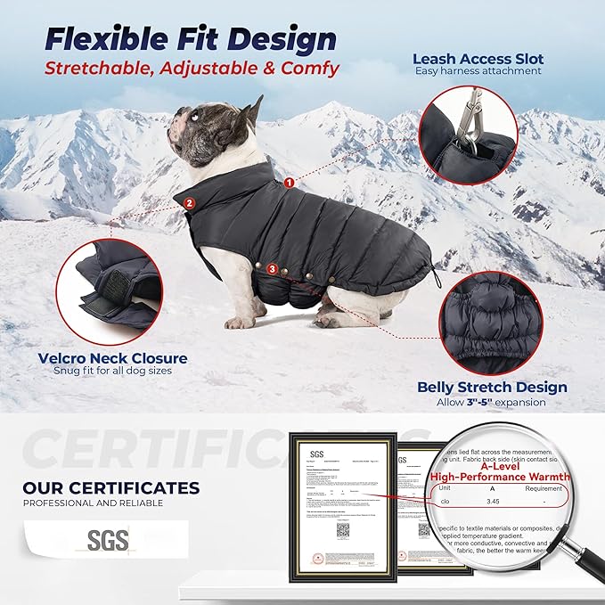 SPACE LION Dog Puffer Jacket, Down Winter Coat, Durable Outdoor Coat for Cold and Windy Conditions, Lightweight & Adjustable Fit Coats for Large Dogs,(Black, Size28/4XL)