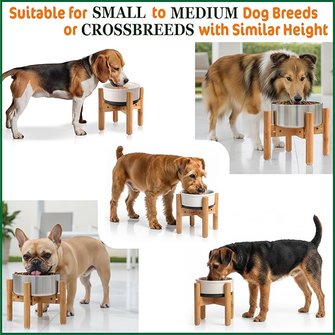 Dog Bowl Stand for Medium Breeds - Use to Raise, Elevate Dog Food/Water Feeders, Fountains and Bowls, Adaptable Size (See Size Guide) - Bamboo