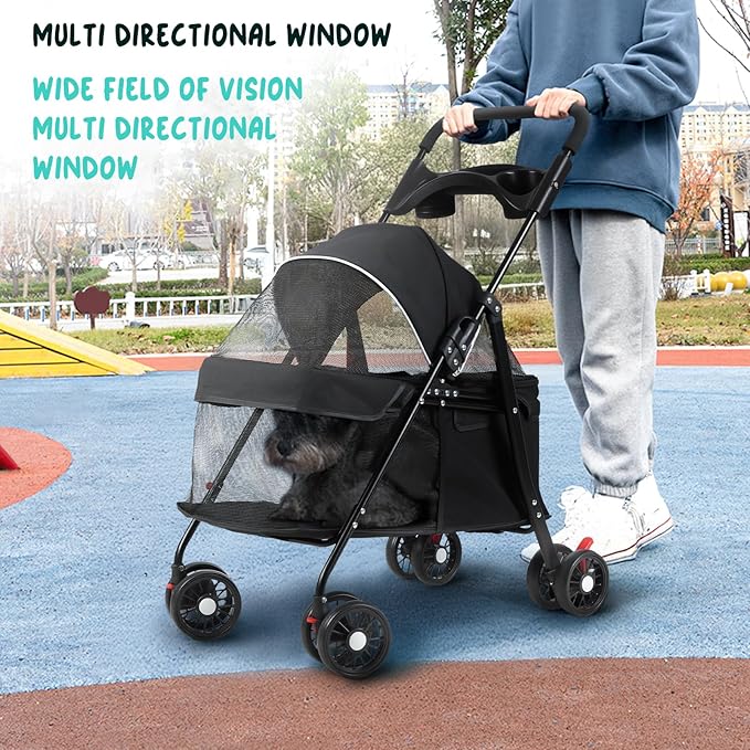 Pet Strollers,4 Wheels Outdoor Travel Pet Folding Stroller, Outdoor Travel Folding Stroller, Dog Cat Cage Carrier with Cup Holder, Breathable and Visible Mesh for Medium Small Dog
