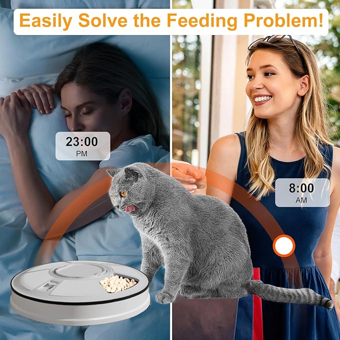 Automatic Cat Feeder for Dry Food,Supplement & Treats， 6 Compartment Timed Cat Food Dispenser for Cats and Small Dogs，No Ice Needed Automatic Dog Feeder(Black)