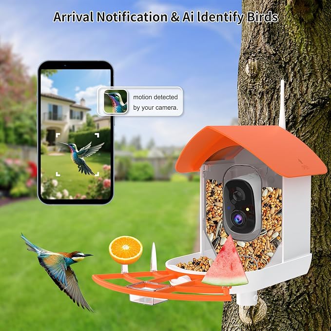 Bird Feeder with Camera,AI Identify Birds Species,Smart Birds Camera with Solar Powered,Auto Record FHD Feather Visitor Video in Backyard,Garden,Instant Notifications,Ideal Gifts for Family,Orange