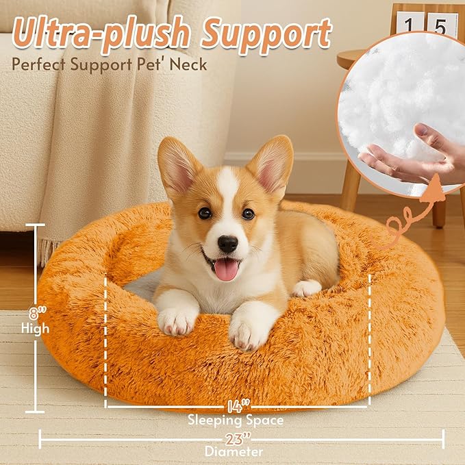 JOLLYVOGUE Calming Dog Bed for Small Dogs - 23 inches Donut Washable Small Dog Bed for Kittens & Puppies, Anti-Slip Round Fluffy Plush Faux Fur Cat Beds (Fits up to 25 lbs Pets, Orange)