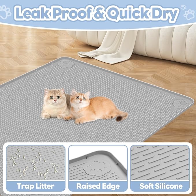 Cat Litter Mat, Extra Large 34" x 22" Silicone Mat Litter Trapping Mat for Scatter Control, Soft on Kitty Paws, Easy to Clean (Light Grey)
