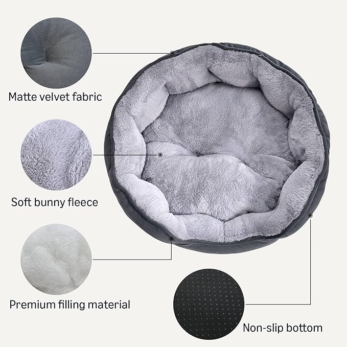Amazon Basics Round Dog Bed for Medium Dogs, Cat Beds for Indoor Cats, Washable Pet Bed with Soft Plush Cushion, Anti-Slip Bottom, 30x24x8 Inches, Gray
