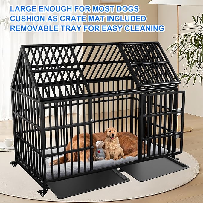 Heavy Duty Dog Crate 54 inch with Mat XL Large Pet Dog Cage Crate Kennel with Roof Top 2 Doors Removable Trays, Lockable Wheels Escape-Proof for High Anxiety Dogs (Black, 54 inch)